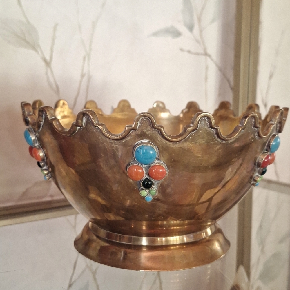 Sale! Solid Brass Vintage 60's / 70's Scalloped Bowl With Jewel Cabichons